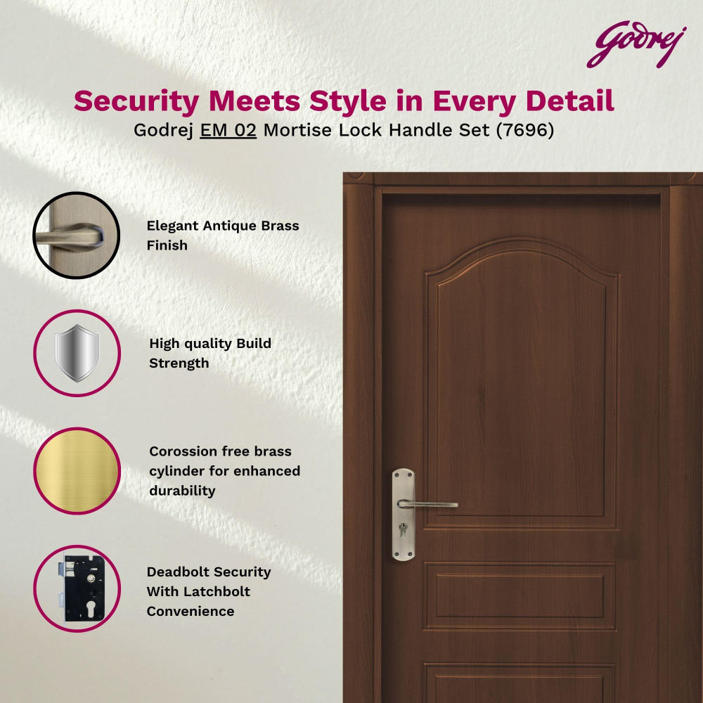 Godrej Mortise Lock I Handle Set 1CK EM02 I 6-Lever Lock I 3 Keys I Double Throw I 5